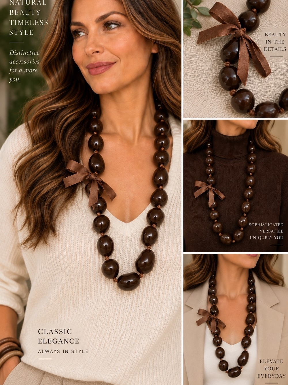 Elegant Brown Beaded Statement Necklace with Satin Bow